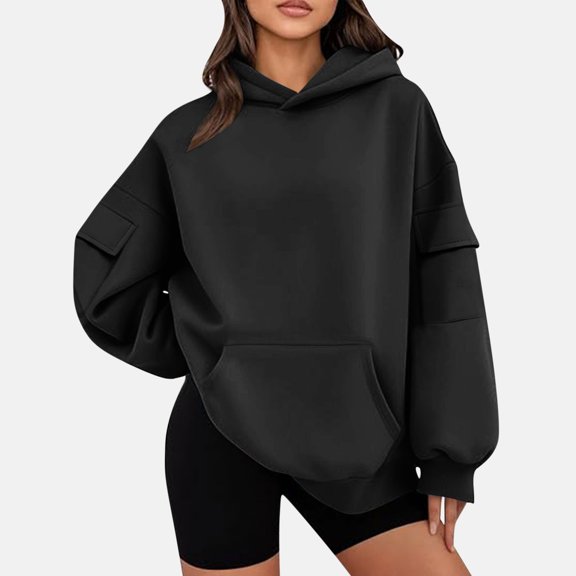 Dxzfnsa Oversized Hoodies for Women Ladies' Casual Fashion Solid Color Hooded Sweatshirts Comfortable Long-sleeved Pullovers Drop Shoulder Hoodies with Muti Pockets