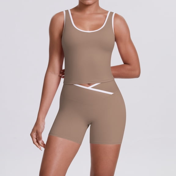 SKQIT Womens Workout Sets 2 Piece Gym Yoga Outfits Crossover Shorts Crop Tank Top with Contrast Trim