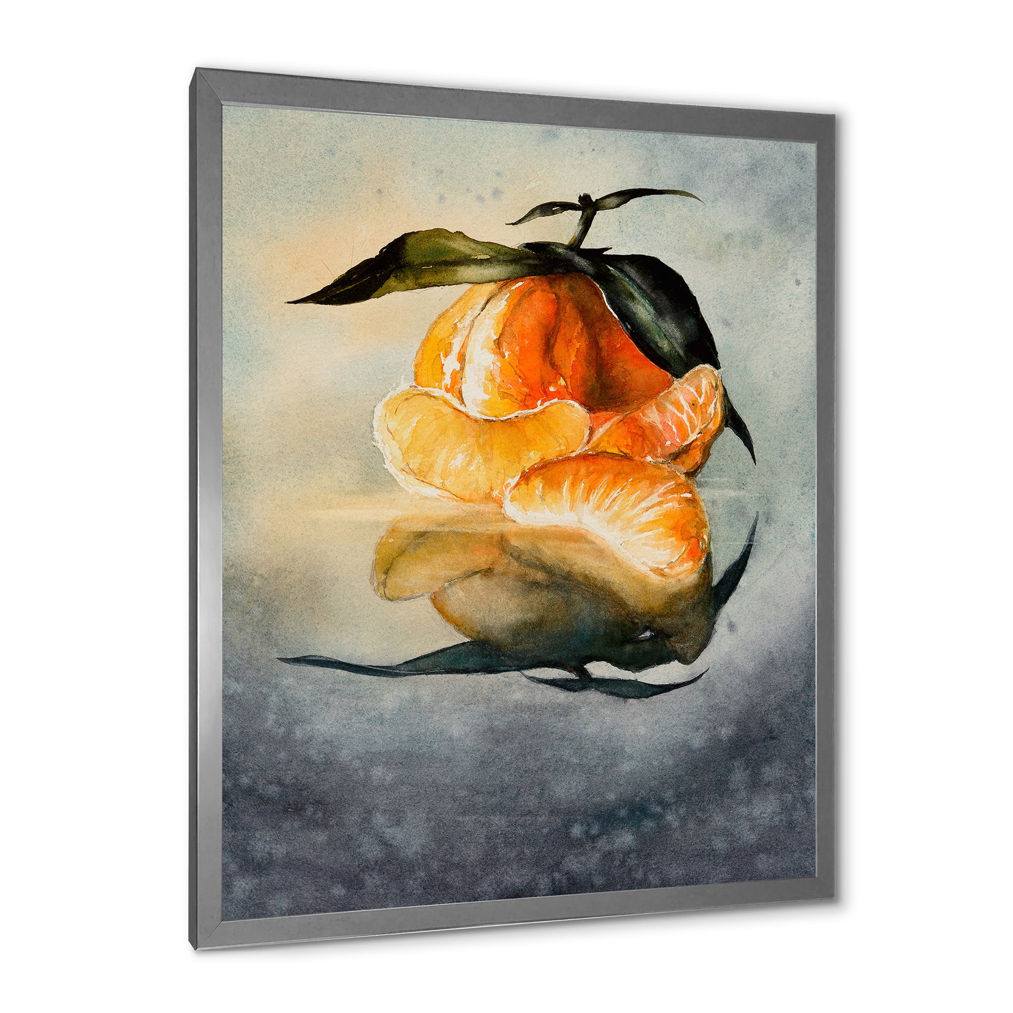 Designart 'One Peeled Fresh Orange Mandarin Under Green Leaves' Traditional Framed Art Print