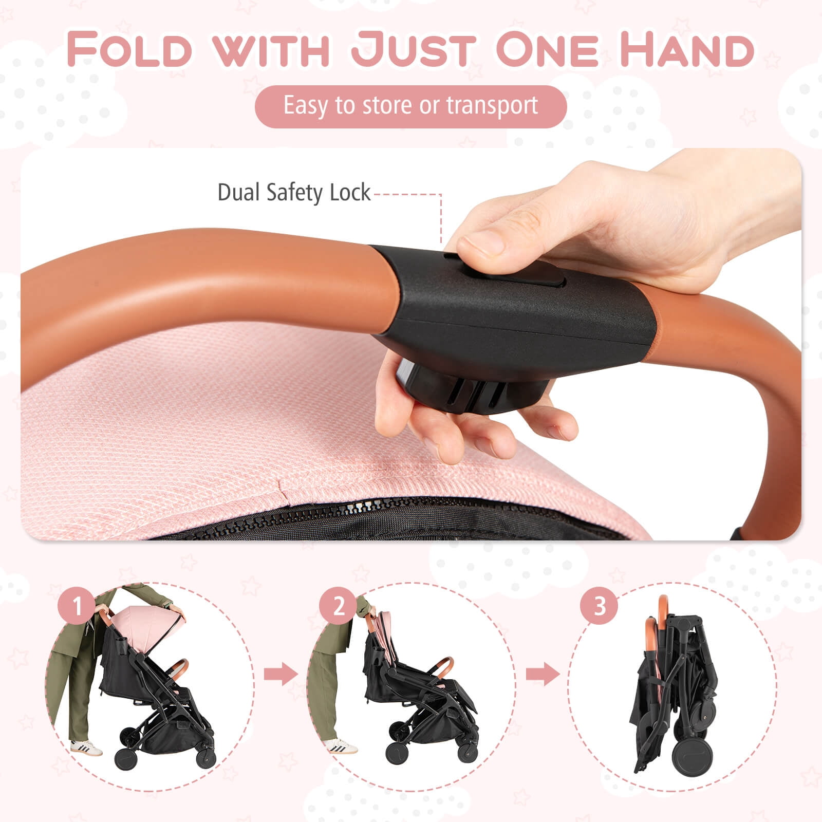 Costway Lightweight Baby Stroller with One-Hand Folding, Extendable Canopy, Storage Baske Pink