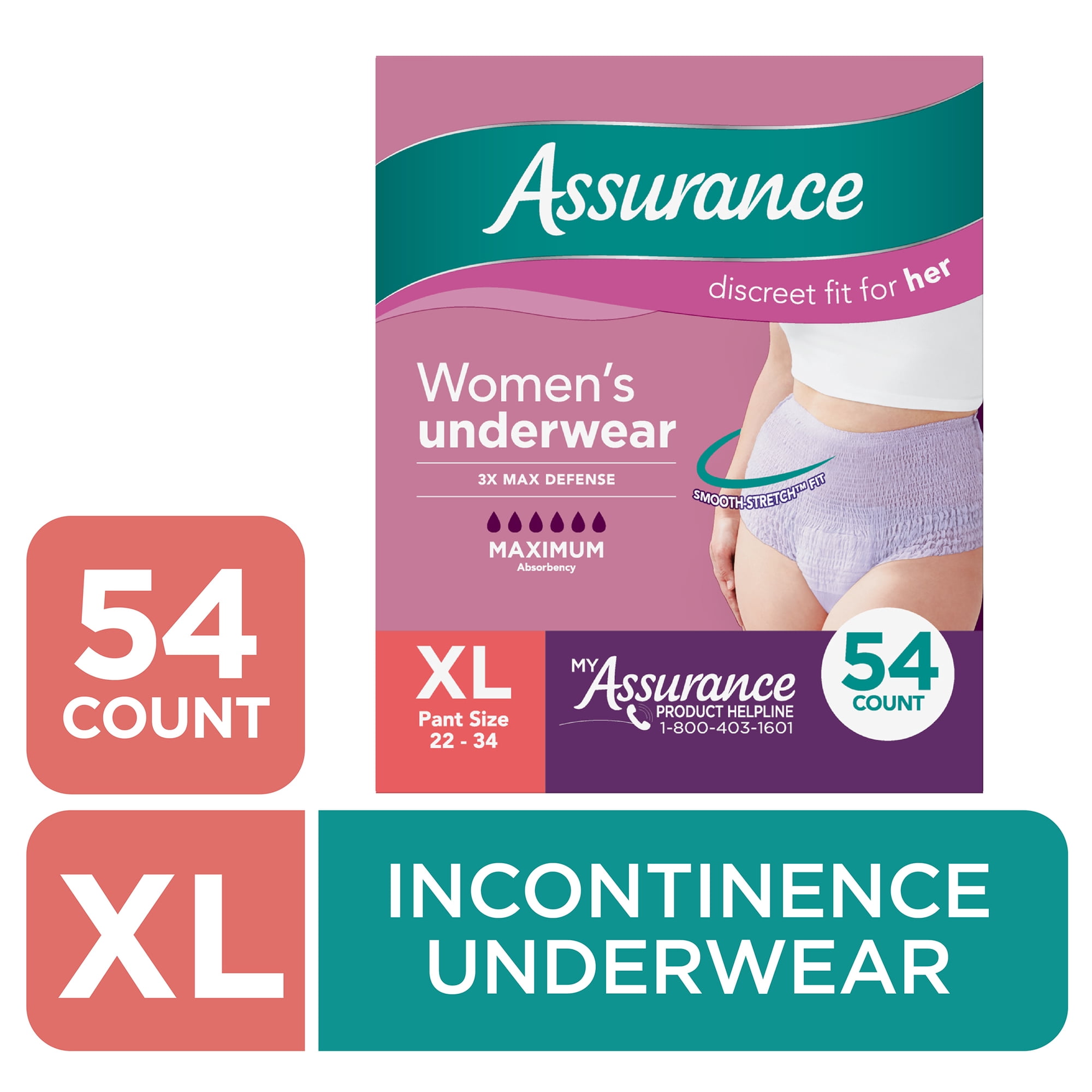 Assurance Women's Incontinence and Postpartum Underwear, XL, Maximum Absorbency, 54 Count