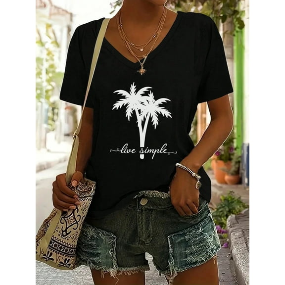 Vacation - Inspired Palm Tree Black V - Neck Tee