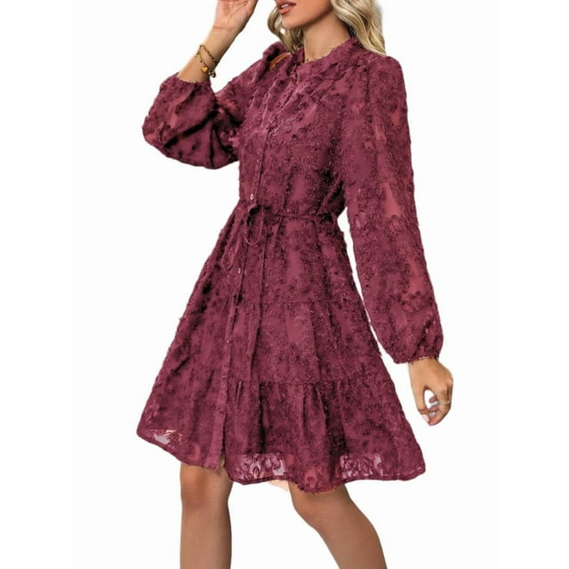 Robes d'Automne à Manches Longues pour Femmes, Taille Boutonnée avec Ceinture, Robe Trapèze Courte, Robe Décontractée d'Automne et d'Hiver, Rouge Vin, G