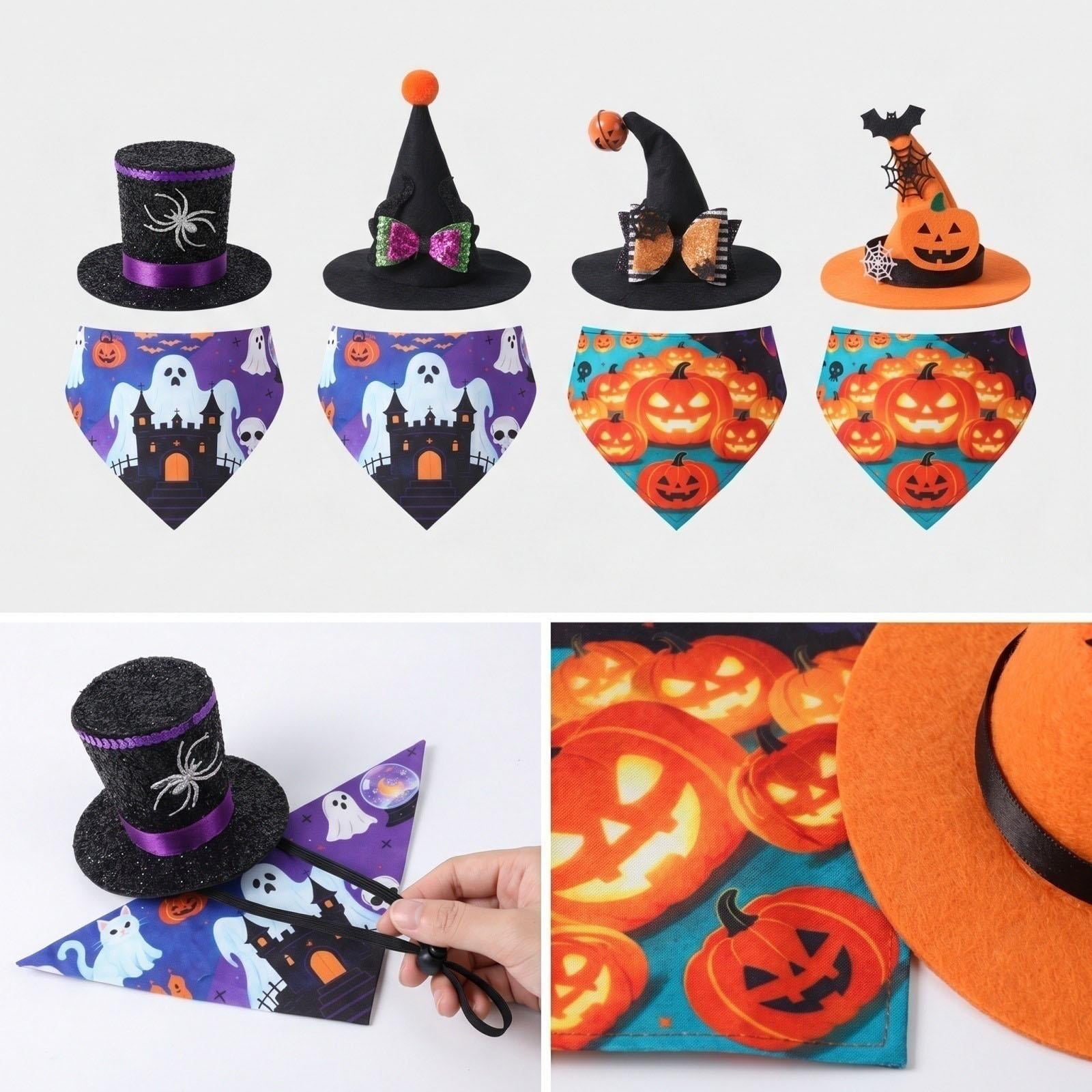 Halloween Pet Outfit Kit, Halloween for Cats, Cat Bandana, Pumpkin Witch Hat, Festive Pet Dress-Up Accessories with Jack-O-Lantern, Bat and Web Details, Suitable for Cat and Small