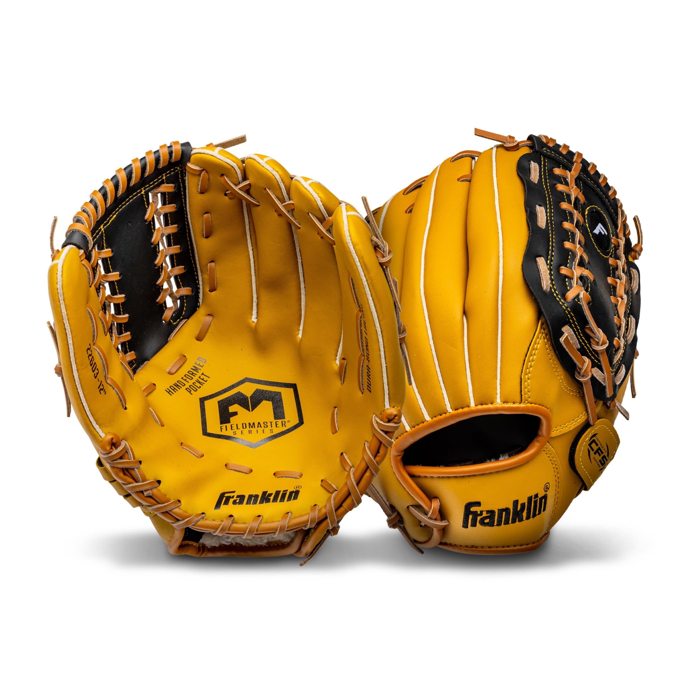 Franklin Sports Field Master Baseball + Softball Glove, 12 in, Black/Tan, Right Hand Throw