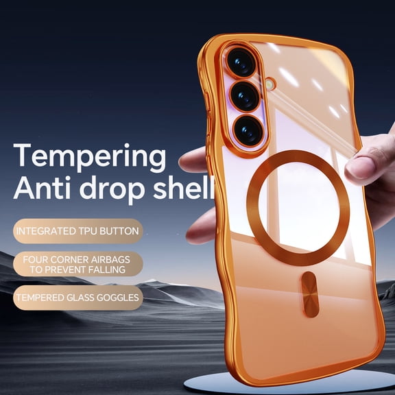 ELEHOLD Magnetic Case for Samsung Galaxy S26, Clear Electroplated Wavy Edge Shockproof TPU Cover,Orange