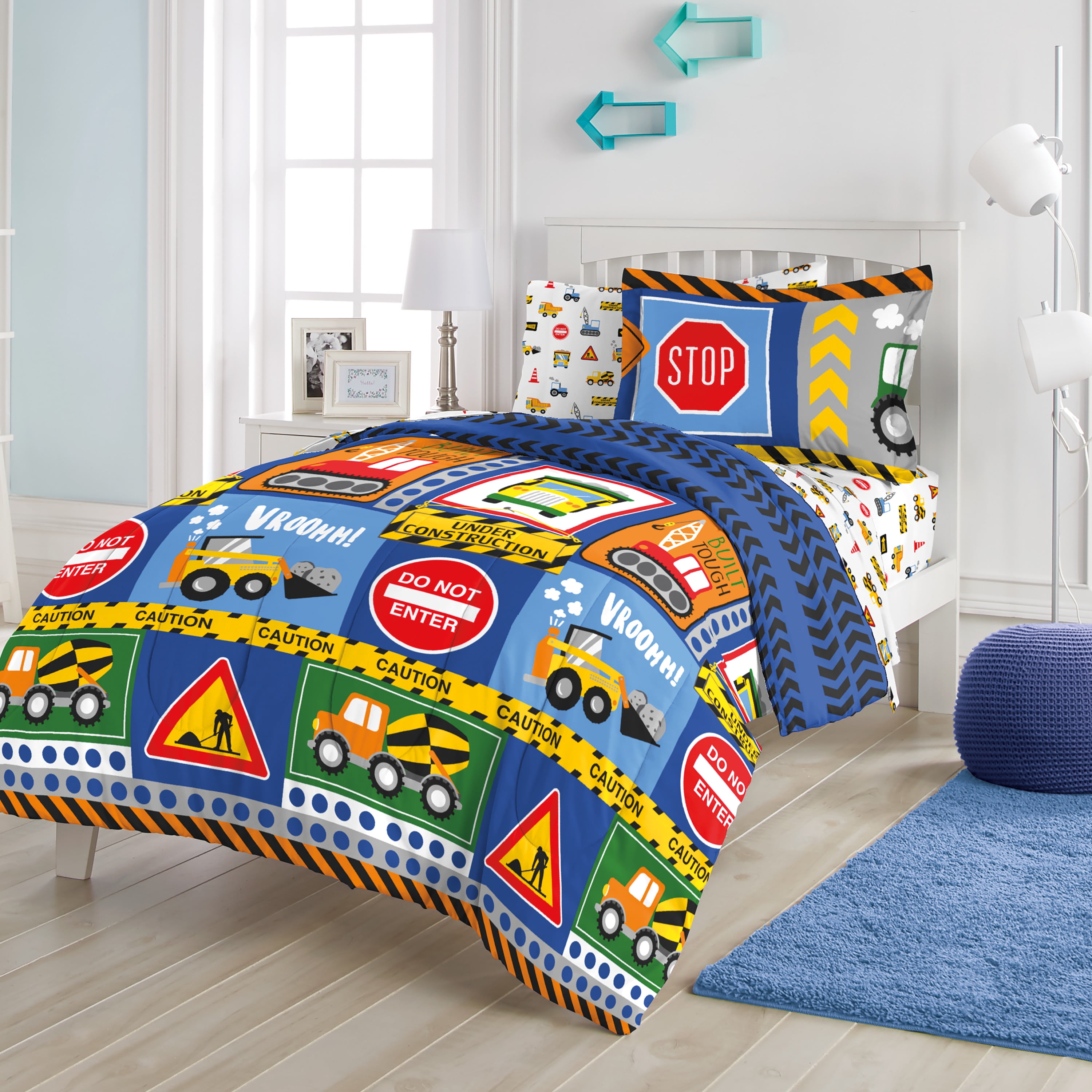 Dream Factory Under Construction Full 7 Piece Comforter Set, Polyester, Microfiber, Blue, Multi, Child, Unisex