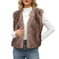 thumbnail image 3 of Women's Faux Fur Sleeveless Vest, Eco-Friendly Plush Waistcoat, Stand Collar Open Front Gilet, Warm Padded Layer, Cropped Fleece Jacket, Casual Layering Piece Brown L, 3 of 5