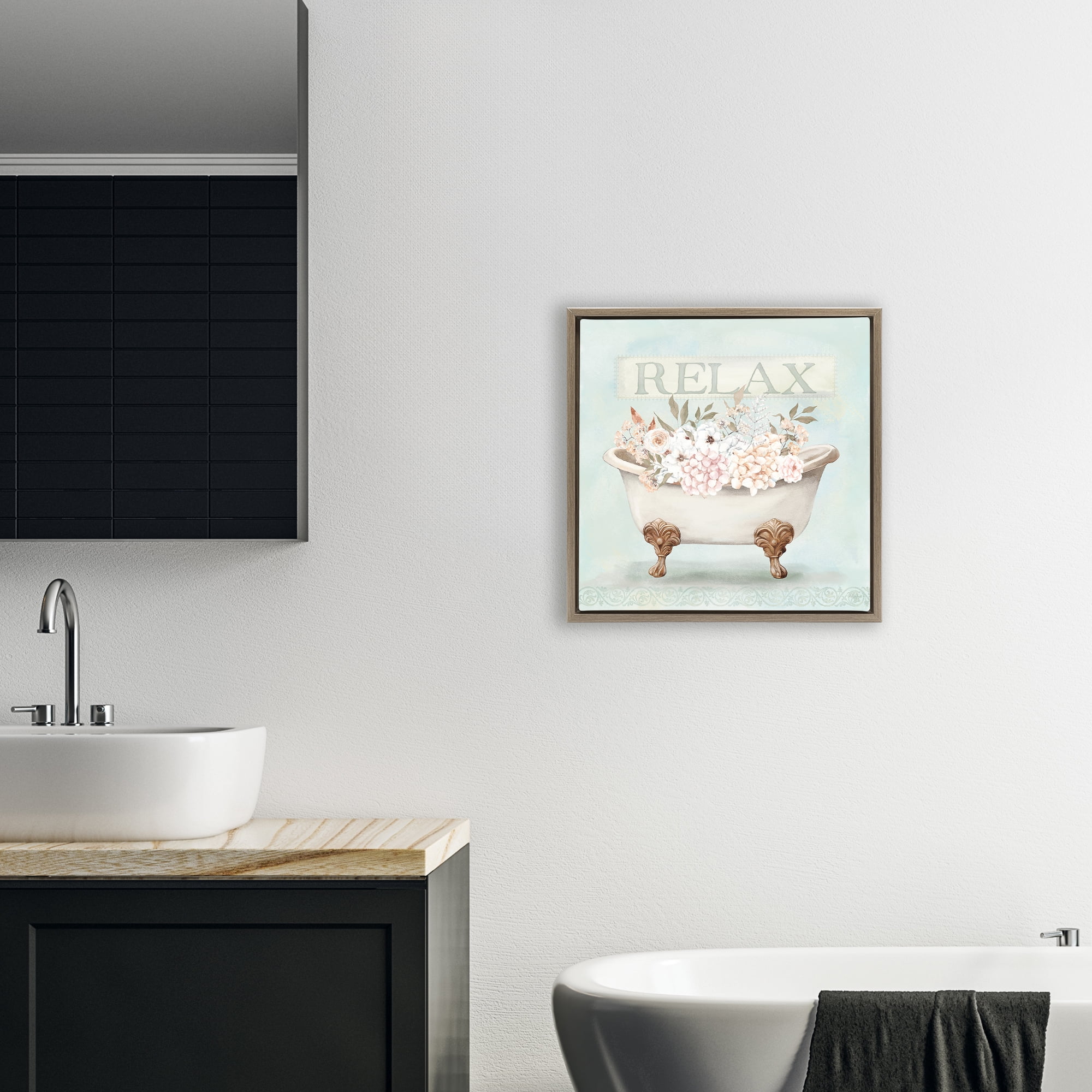 Stupell Industries Relax Floral Tub Brown Framed Floater Canvas Wall Art, design by Mollie B.