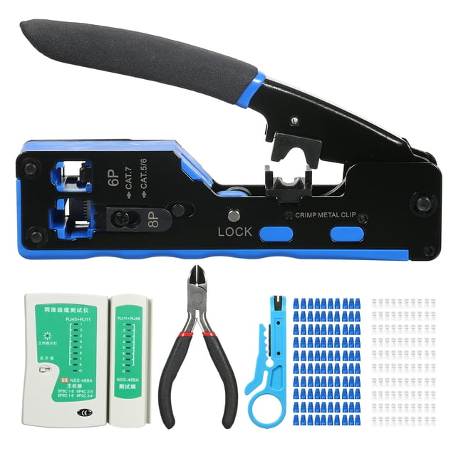 Riwcyla RJ45 Crimp Tool Kit All in One Pass Through Crimping Tool for Cat5e Cat6 Cat6a Pass Through Connector with 100Pcs Connectors 100Pcs Covers Network Cable Pliers Tester