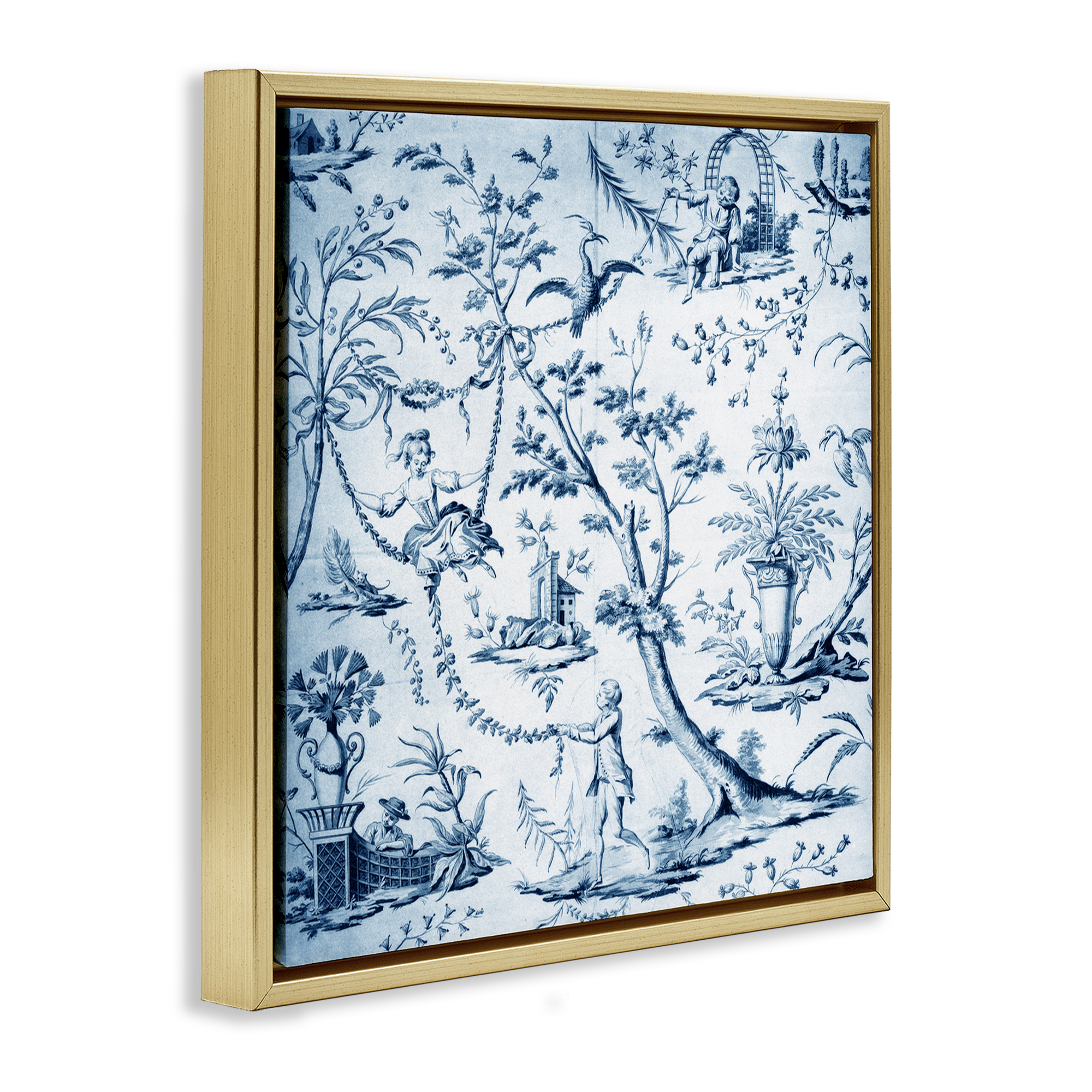 Vintage Toile Scene Gold Framed Floater Canvas Wall Art, design by Vintage Hustle