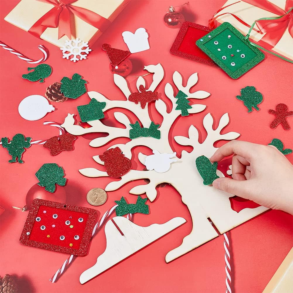 6 Set Foam Stickers 3D Craft Tree Kit Christmas Unfinished Wood Tree Christmas Tree with 500Pcs Santa Claus Gingerbread Elk Sticker for Art Project Family Activity Christmas Decoration Colorful