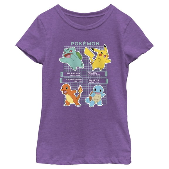 Girl's Pokemon Starters Grid Pokedex Graphic Tee Purple Berry Large
