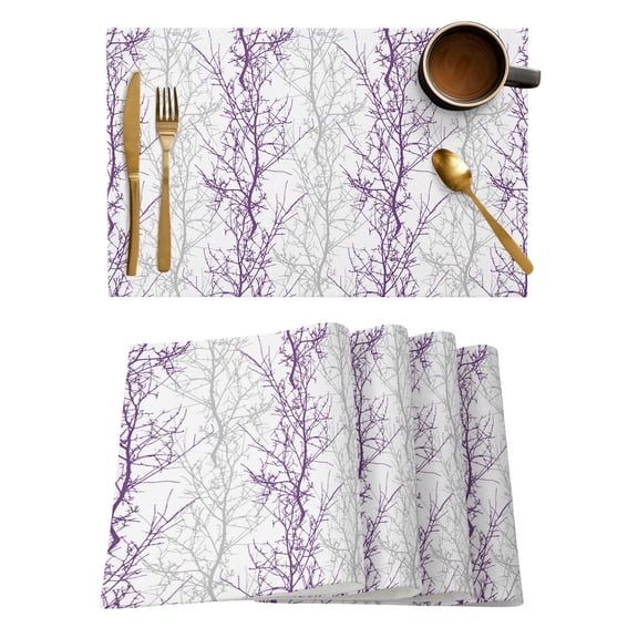 Purple Grey Branch Placemats Set of 4, Spring Summer Pastoral Botanical Placemats for Dining Table, Place Mats for Kitchen Tabletop, Waterproof Wipeable Dining Table Mats Set