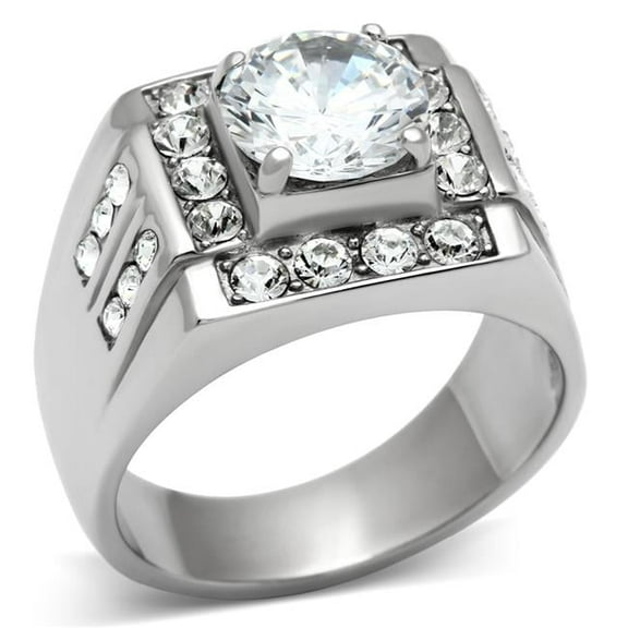 Men High Polished Stainless Steel Ring with AAA Grade CZ in Clear - Size 9