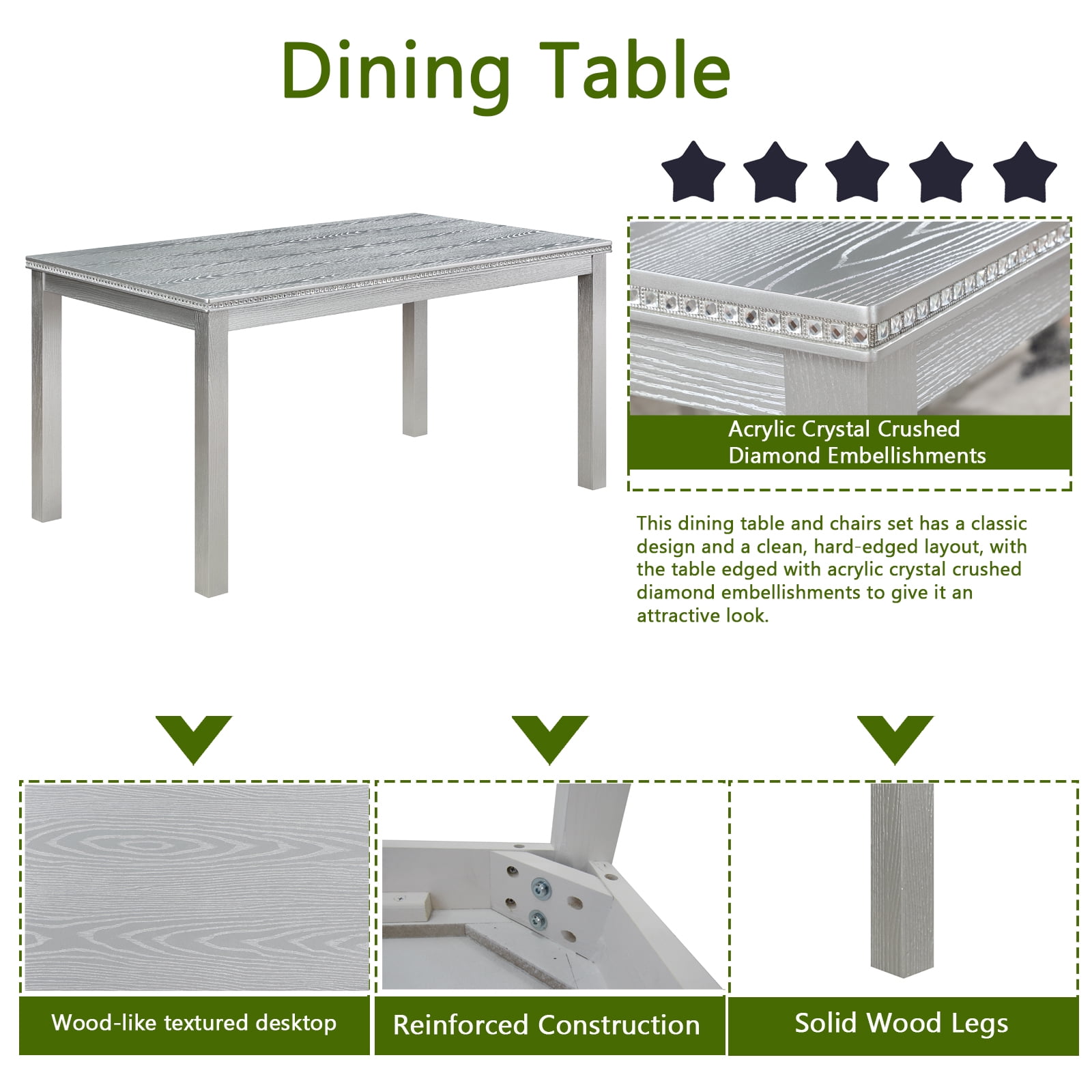 MAYEERTY 6 Piece Wooden Dining Table Set, Wooden Dining Table with 4 Upholstered Chairs and Bench for 6 People, Rectangular Dining Table Set with Crystal Decoration,Silver grey