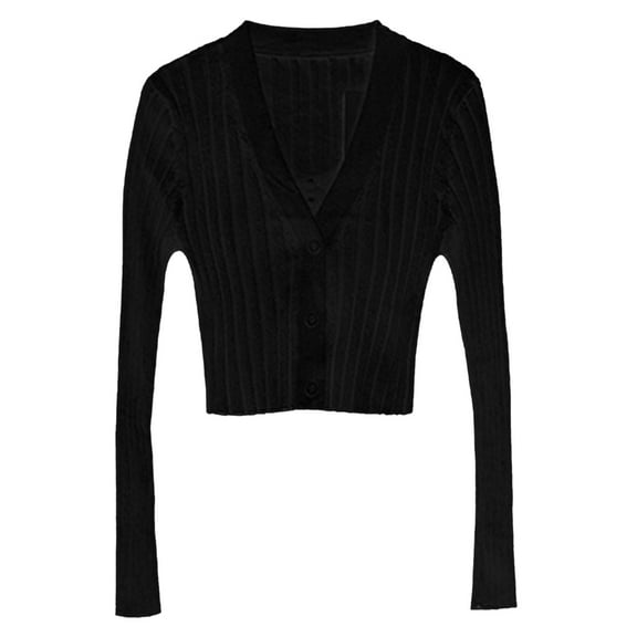 SDFGTstore Women Lightweight Knitted Long Sleeve Cropped Cardigan Top V-Neck Button Up Solid Color Fitted Sweater Coat