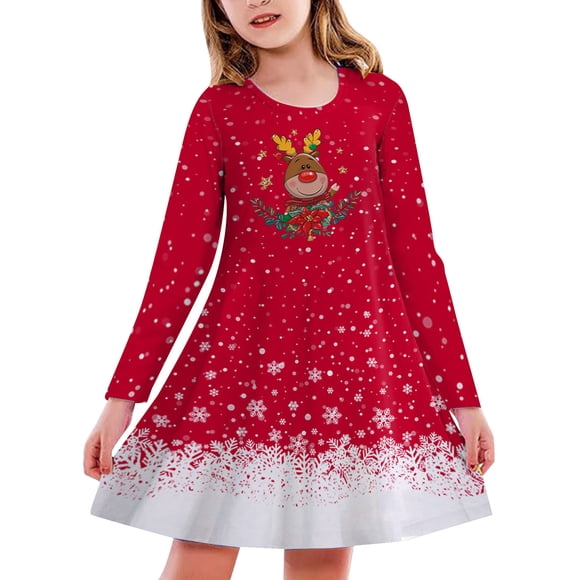 Kids Toddler Girls Christmas Trees Deer Print Christmas Long Sleeve Party Dress Girls Dresses Size 12-14 Casual Christmas Little Girls Dresses Size 6-7 Christmas Girls Dresses Size 10-12 Party