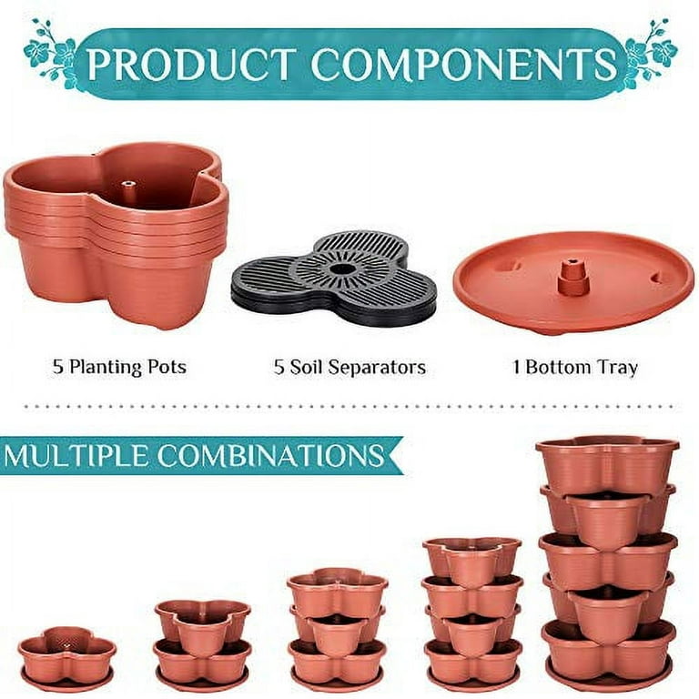 Mojoyce Large Stackable Planters 5pack- Grow More in Less Space - Plant Pots and Stack - DIY Vertical Gardening System - for Growing Veggies, Herbs