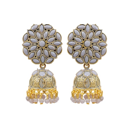 Crunchy Fashion Bollywood Jewellery Traditional Ethnic Bridal Bride Wedding Bridesmaid Indian Floral Round Grey Jhumka Earrings