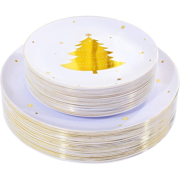 50Pieces Christmas Plates Gold Plastic Plates - Snowflake Plastic Plate-Heavyweight White and Gold Disposable Plate for Christmas