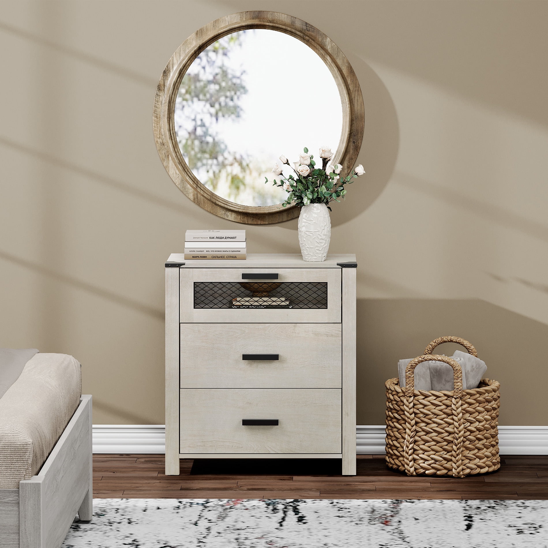 WAMPAT Dresser for bedroom, Accent Chests of 3 Drawers,Storage Cabinet with Mesh Tower for Living Room, Hallway, Entryway, Antique White