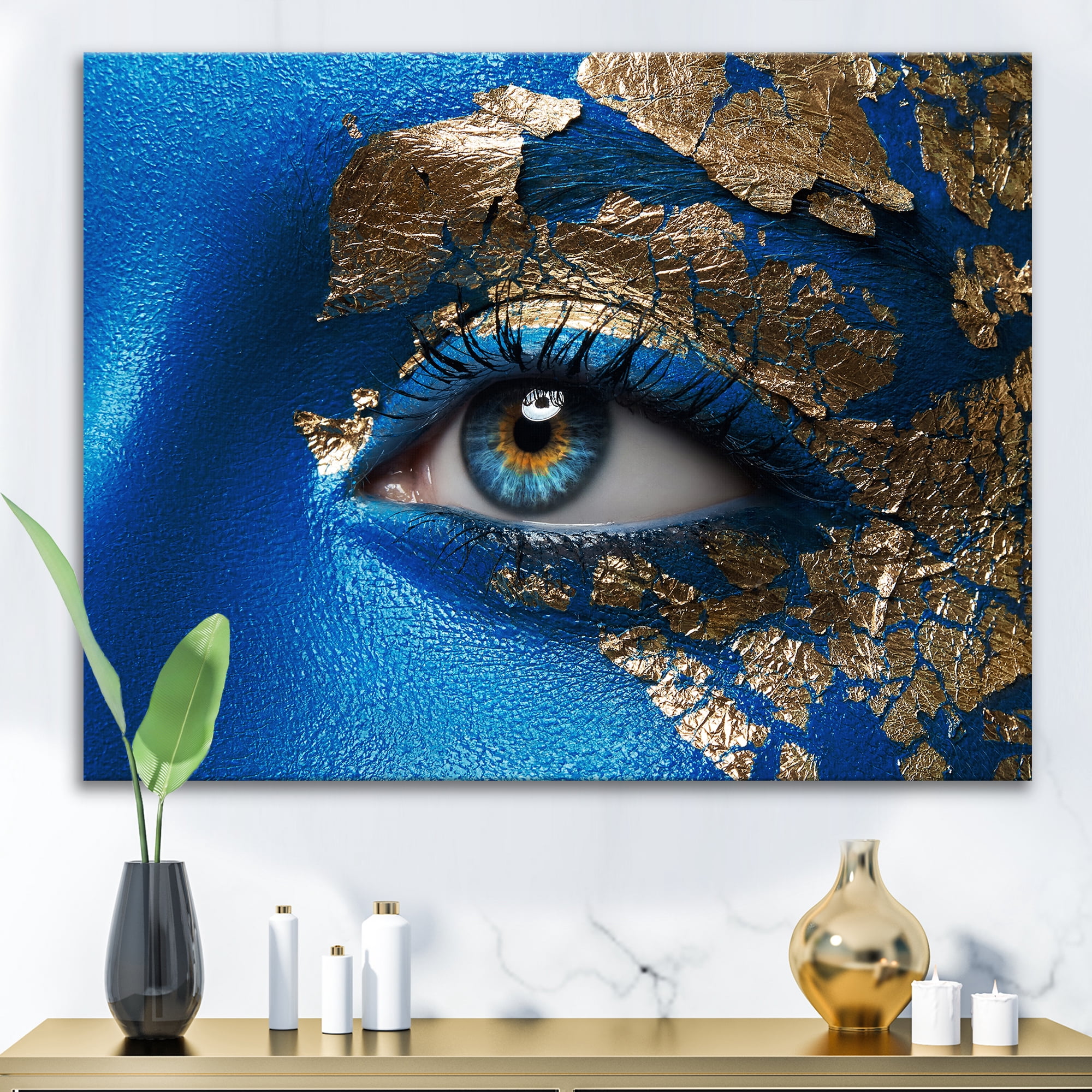Designart ' Portrait of A Young Woman Model With Blue Make-Up ' Modern Canvas Wall Art Print