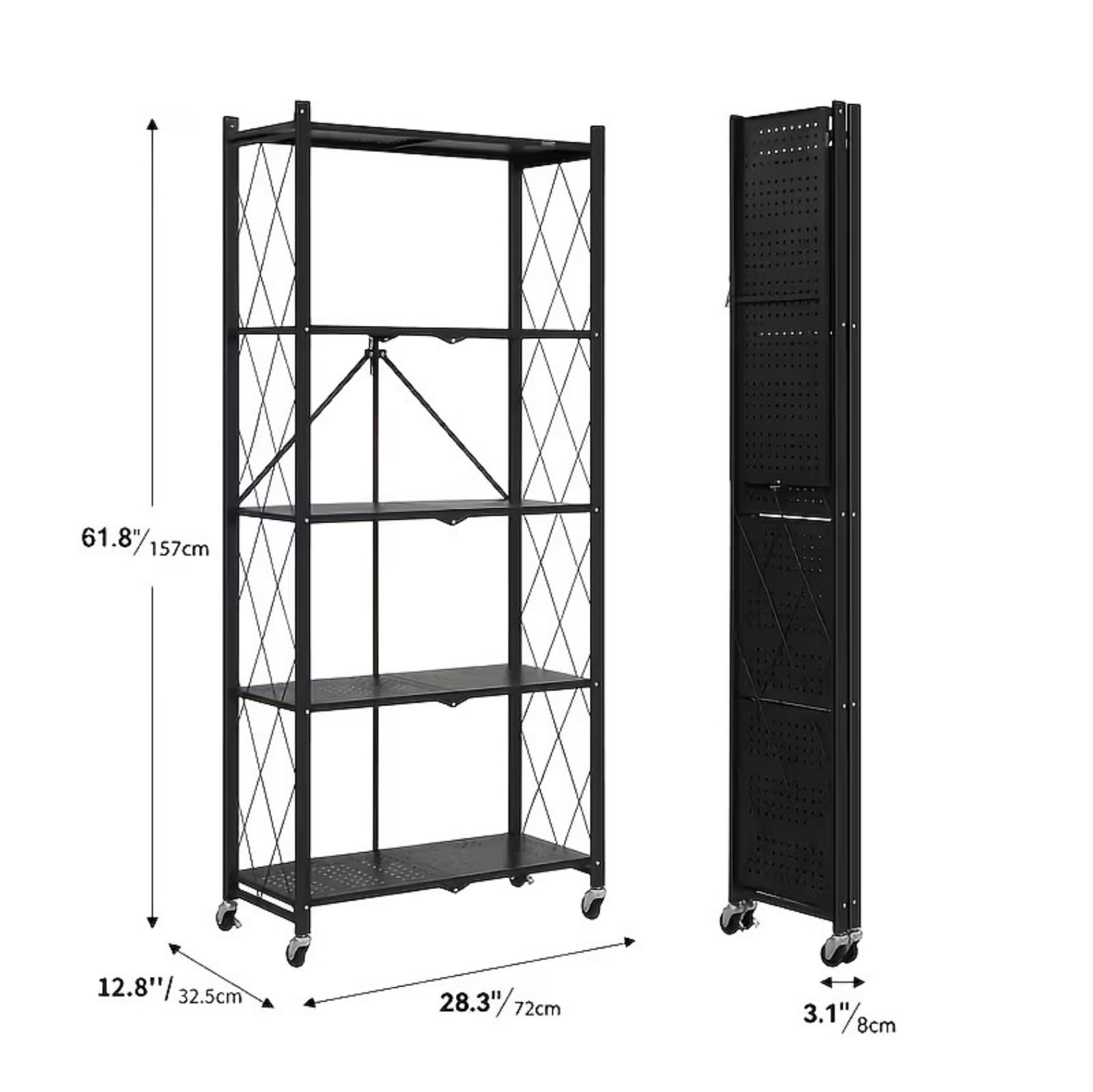 62"H 5-Tier Heavy Duty Storage Shelving Unit with Wheels, Foldable Metal Wire Rack Organizer for Garage Kitchen Pantry Basement, Black
