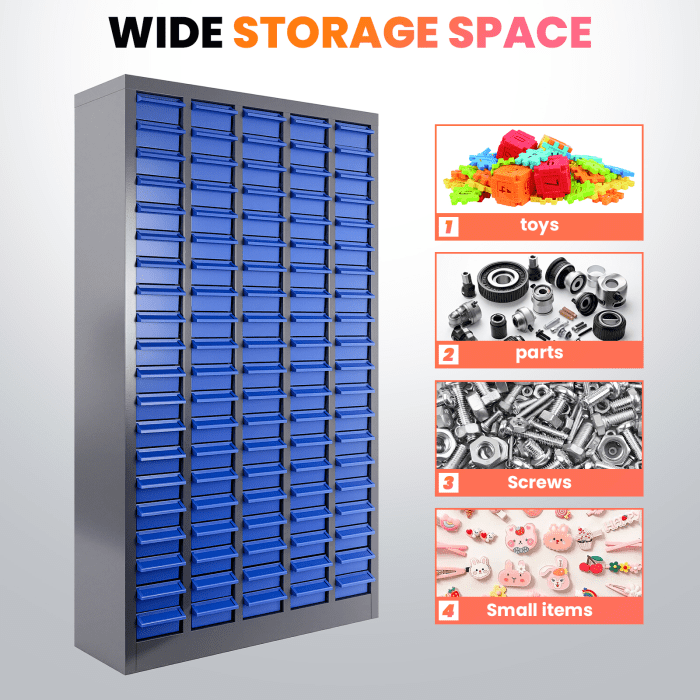 Parts Cabinet 100 Drawers with Labels, ABS Impact-Resistant Drawers, Finger-Grip Pulls for Convenient Access, Bolt and Nut Organizer for Garages, Garage, Workshop