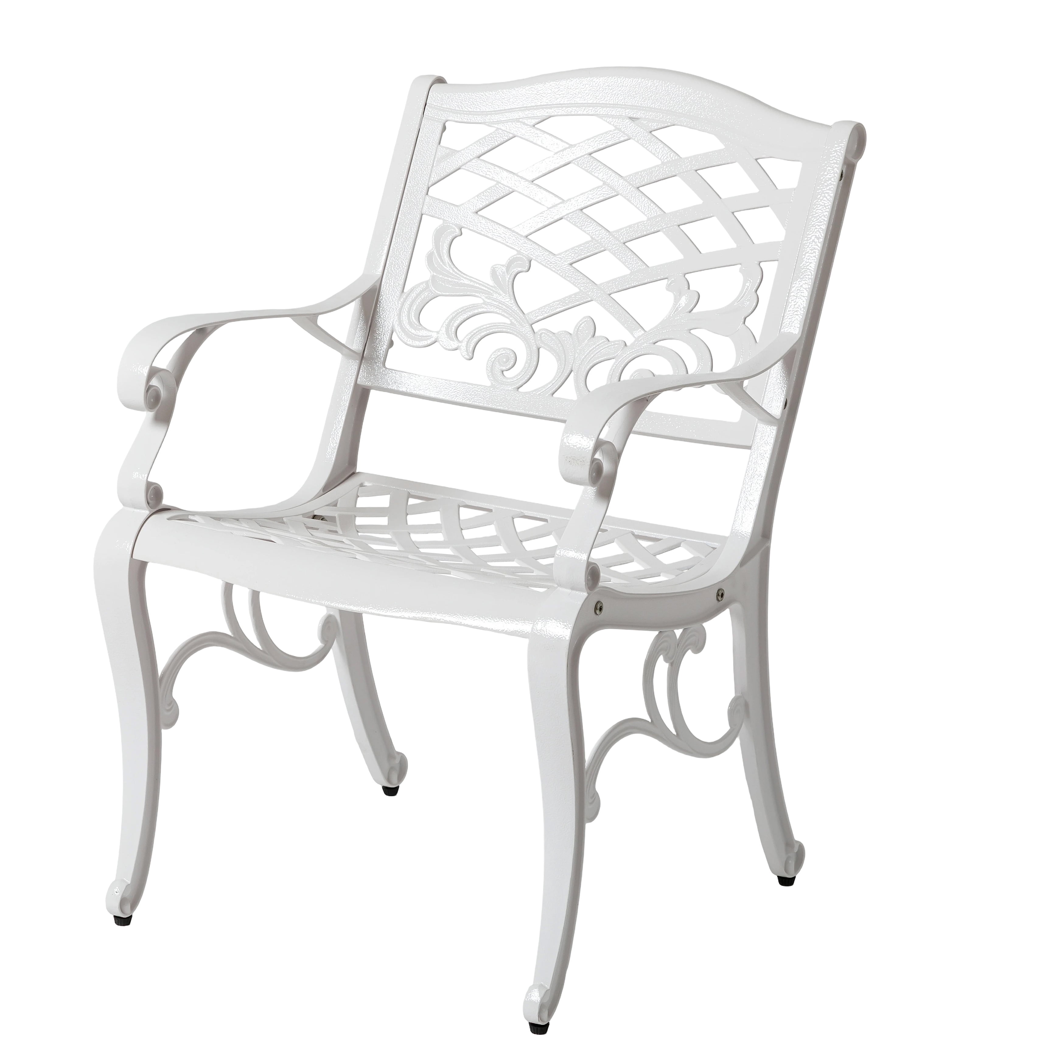 Traditional Cast Aluminum Outdoor Dining Arm Chairs Set of 2 with Floral Accents, White