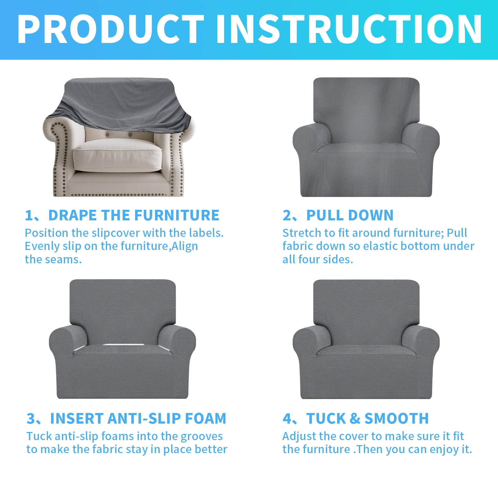 Debonair Stretch Jacquard Couch Cover with 1 Pillowcase, 1-Piece Soft Sofa Cover, Sofa Slipcover with Anti-Slip Foams, Washable Furniture Protector for Pets (Chair, Dark Gray)