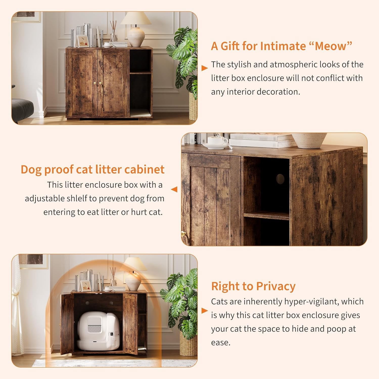 Ataujin Large Cat Litter Box Enclosure Cabinet with Self-Cleaning, Adjustable Shelf, Mark Pad, Power Outlet, Dog-Proof Multi-Functional Indoor Cat House Furniture