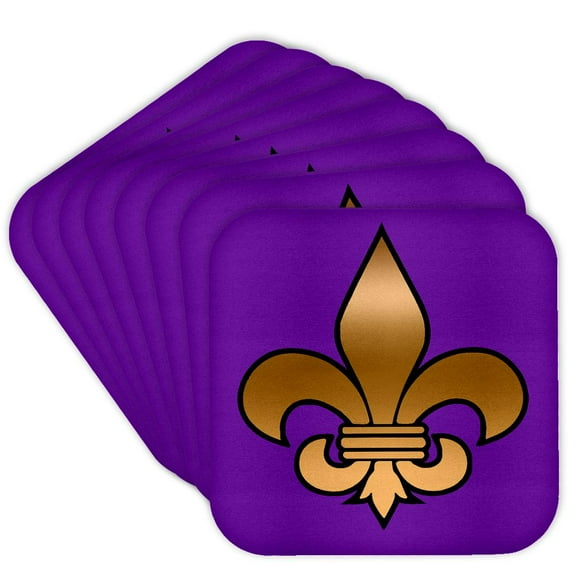 3drose, Large Gold Fleur De Lis on a Dark Purple Background, Set of 8 Coasters - Soft