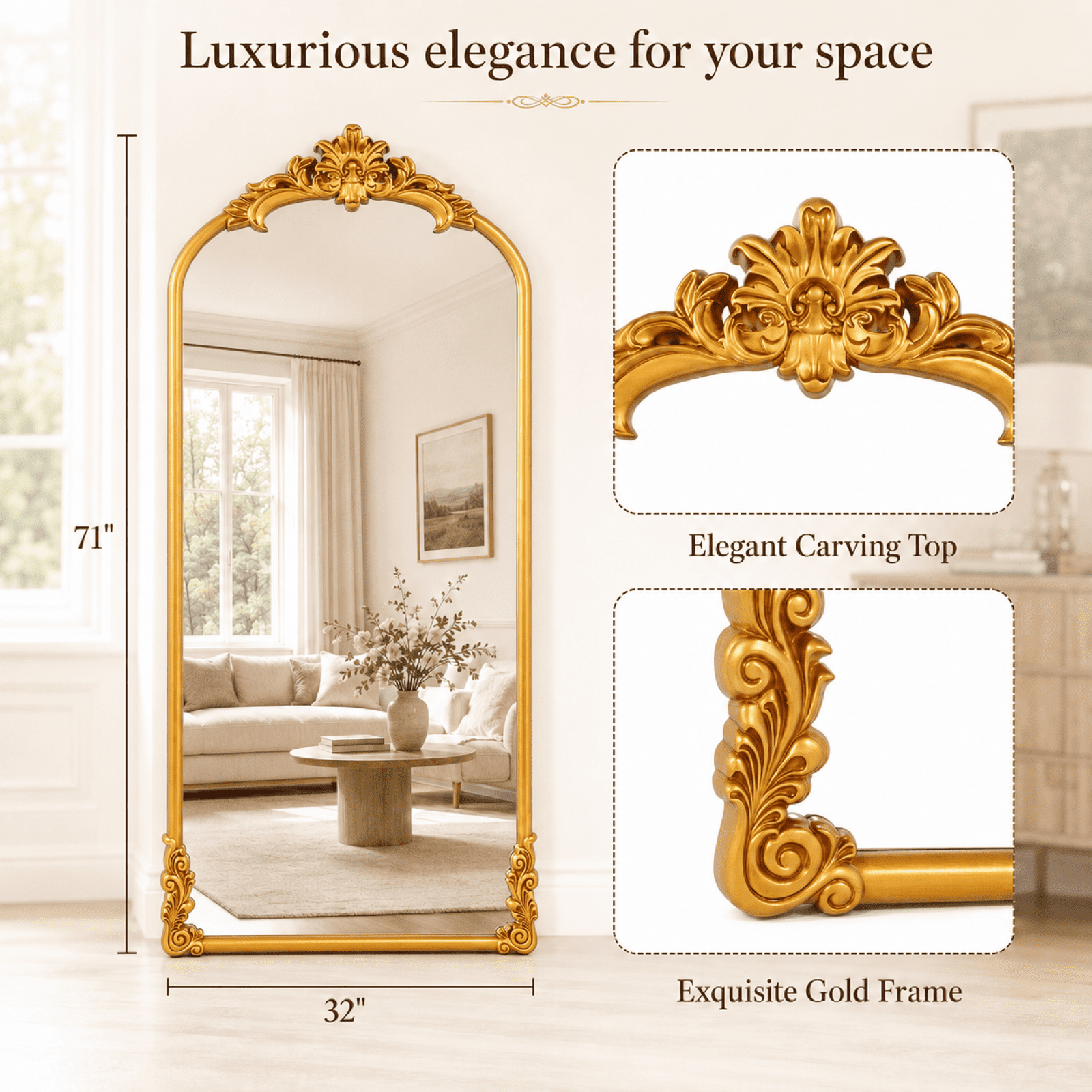 VORENTA 71"x32" Vintage Floor Mirror Arched Full Length Mirror Baroque Carved Wall Mounted Decor Traditional Ornate Mirror with Stand, Gold