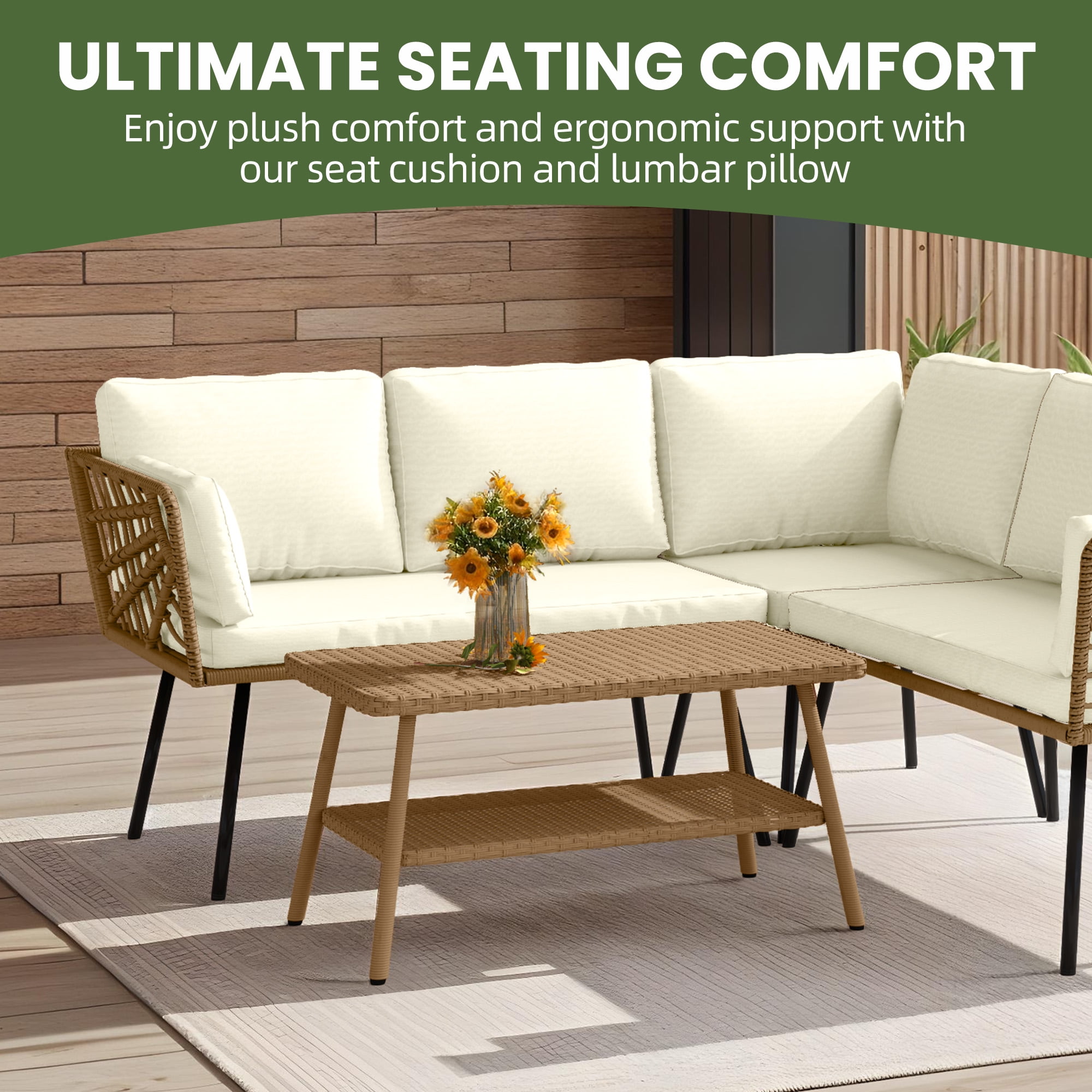 Uforic 4 Piece Outdoor Patio Furniture Set, Rattan Wicker Outdoor Conversation Sectional Sofa Set, Beige