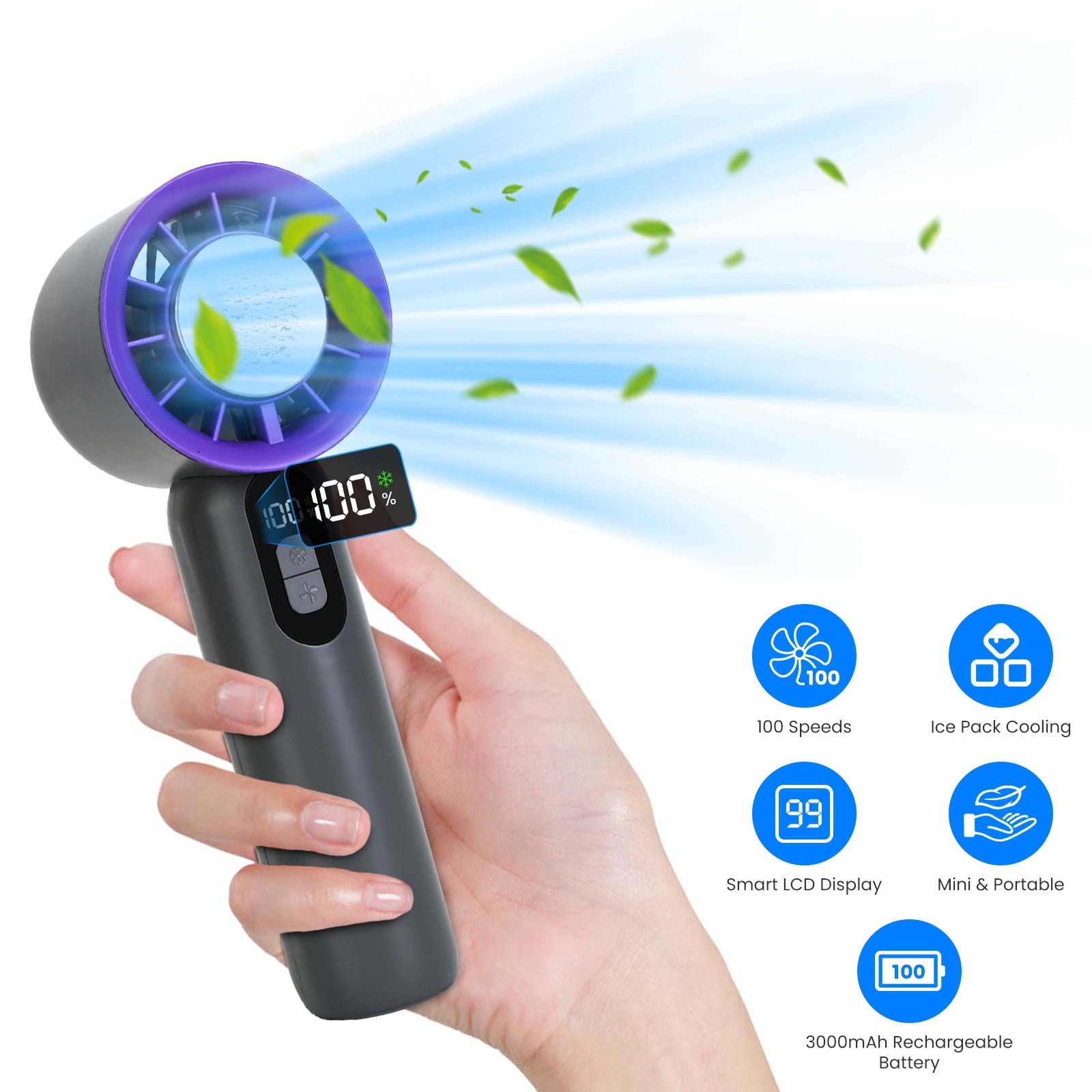 100 Speed Handheld Cooling Fan with Superconducting Ice Pack, 3000mAh Rechargeable Portable Mini Air Cooler with LCD Display for Summer Outdoor Travel