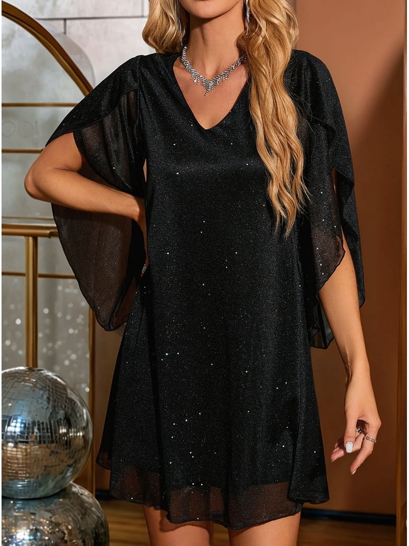Plus Size Cocktail Black Sequin Sparkly Petal Sleeve Midi Dress Black-2XL/16 Plus Size Cocktail Black Sequin Sparkly Petal Sleeve Midi Dress Black-2XL/16