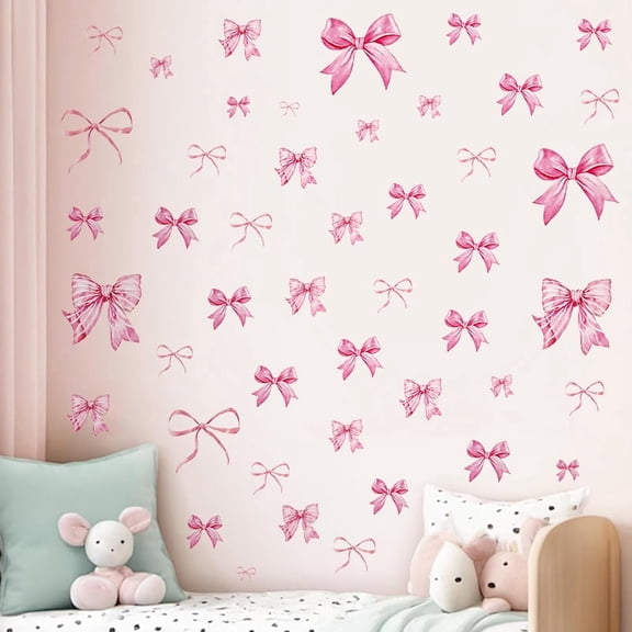 12 Sheets Trendy Pink Bow Wall Stickers Light Pink Bow Knot Wall Decals Watercolor Room Mural Stickers for Girls Party Valentine's Day Home Bedroom Nursery, 7.9 x 11.8 Inch