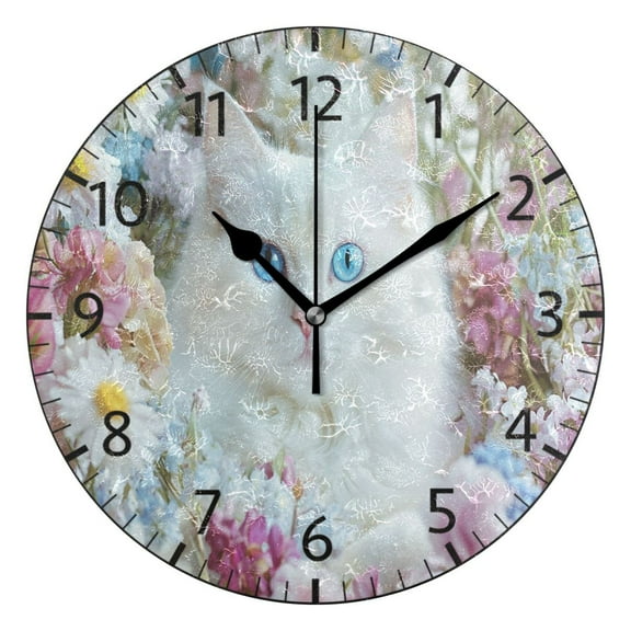 YAZAOO Decorative Wall Clock Size:25cm White Cat with Blue Eyes Design Pattern Clock