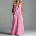 thumbnail image 7 of Kilaqueen Summer Maxi Dresses for Women Cotton Linen V Neck Sleeveless Beach Sundress Button Casual Loose Tank Dress with Pockets, 7 of 7