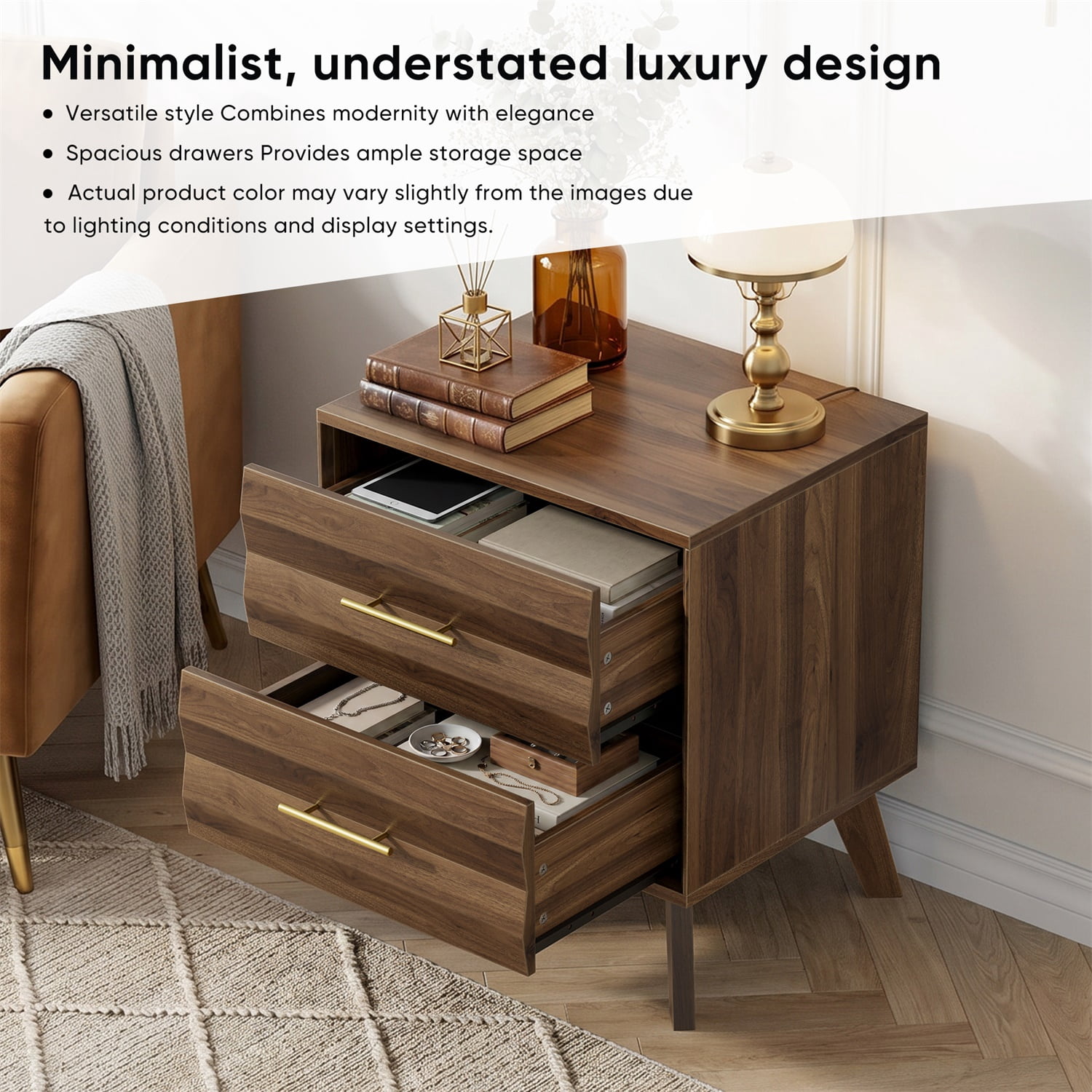 Hommoo Double-Drawer Bedside Table, Modern Minimalist Nightstand with Metal Handles, Pine Wood Legs & Anti-Tip Kit, Scandinavian Bedroom Storage Cabinet, Walnut