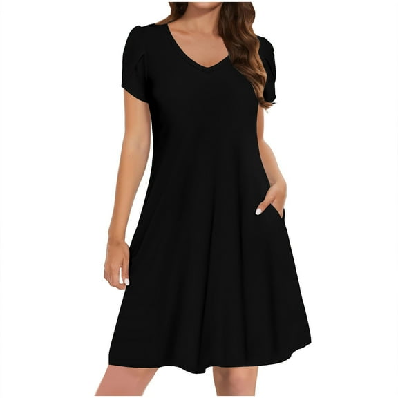 Ecqkame Summer Dresses for Women 2025 Casual Loose Flowy Midi Dress V-Neck Short Sleeve Party Dresses with Pockets 02-Black XXL