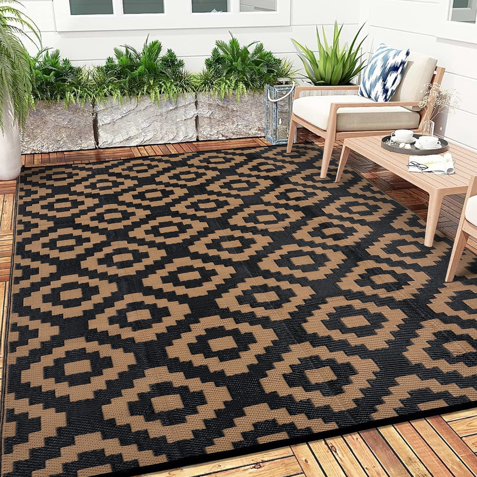 Hasoo Outdoor Rug Portable Premium Recycled Plastic Geometric Pattern for Large Patio Deck Sunroom RV Camping Black & Brown 9 x 12 ft