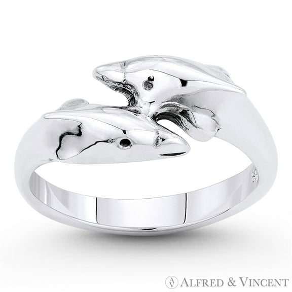 Dolphin Couple Animal Charm Stackable Bypass Ring in Oxidized .925 Sterling Silver
