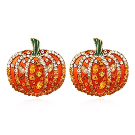 AEXTO Halloween Rhinestone Pumpkin Stud Earrings, Orange Enamel Crystal Fall Holiday Statement Earrings for Women