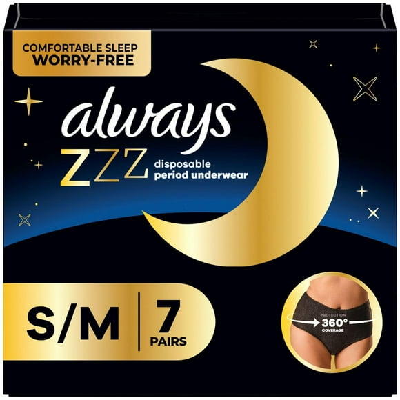 Always ZZZ Overnight Disposable Period Underwear for Women Sz S-M, 360° Coverage for Worry-Free Nights, 7CT