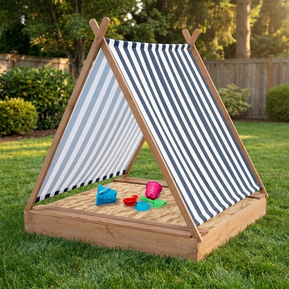 Kadyn Sandbox, Outdoor Play Sand Box,49 x 48 Inch Kids Wooden Sandbox with Cover and 2 Bench Seats