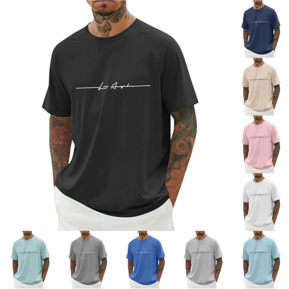 XIAONU Script Letter Print Raglan Crew Neck T Shirt for Men Loose Fit Casual Daily Street Short Sleeve Tee