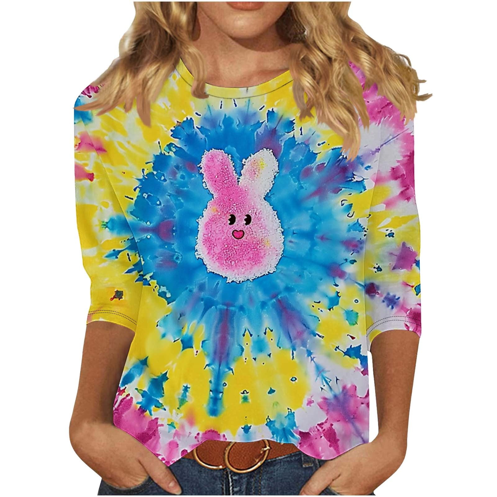 ZVAVZ Chemises de Pâques Amusantes pour Femmes, Chandail à Col Rond Style de Pâques pour Femmes, Blouse Décontractée Mignonne à Manches 3/4, T-Shirts de Professeur de Pâques en Liquidation Multicolore G