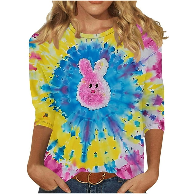 ZVAVZ Chemises de Pâques Amusantes pour Femmes, Style de Pâques pour Femmes, Chandail à Encolure Dégagée, Blouse Décontractée Mignonne à Manches 3/4, T-Shirts de Professeur de Pâques en Solde Multicolore 3TG